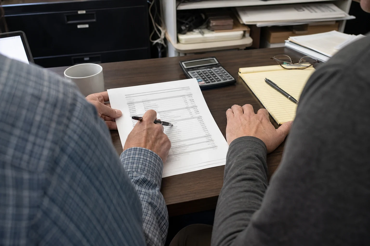Over-the-shoulder view of two people at an office desk reviewing a printed statement with a pen, with a calculator, yellow notepad, glasses and coffee mug nearby