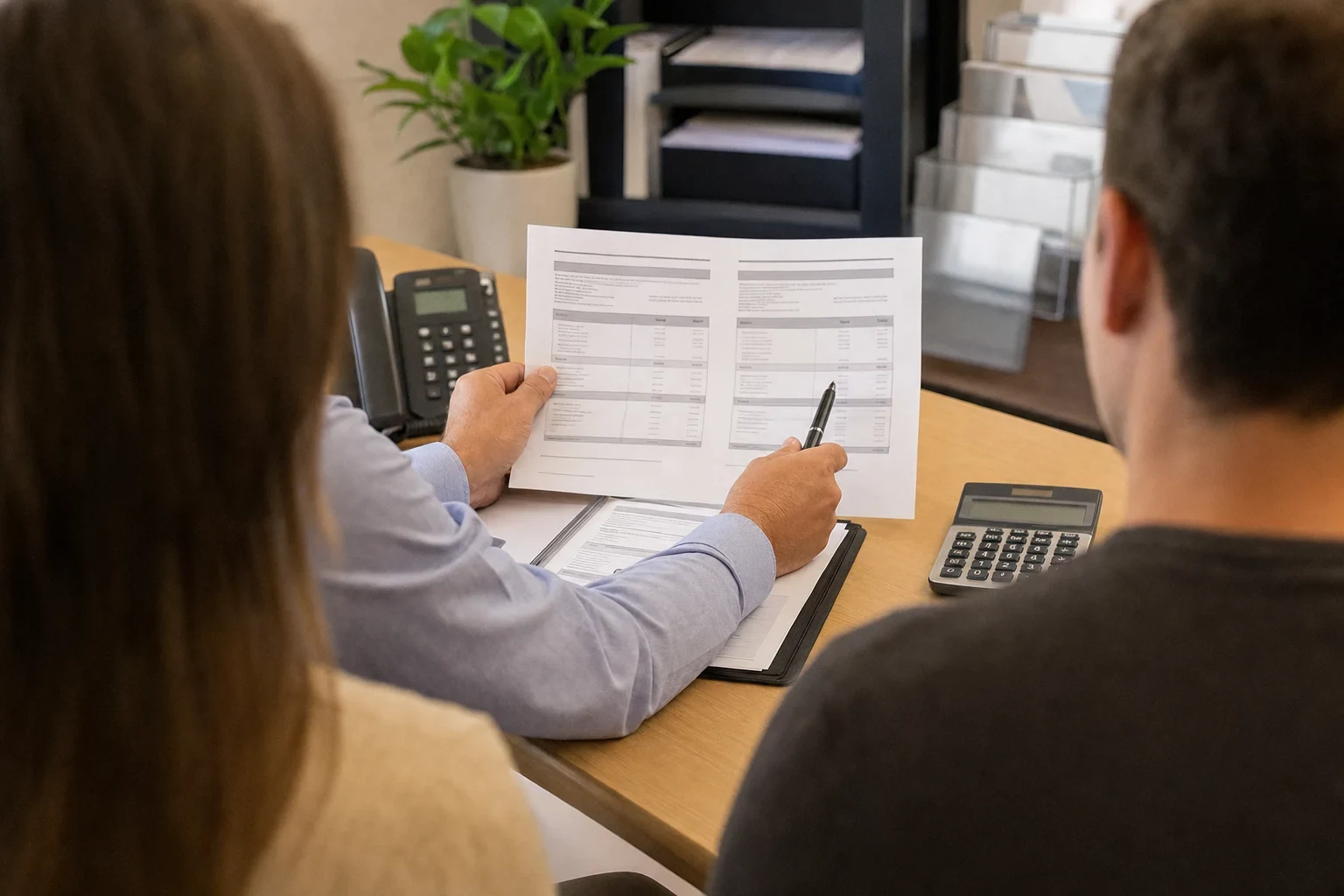 Over-the-shoulder view of a couple at a wooden desk as an agent in a light blue shirt holds a two-column quote sheet and points with a pen, beside a desk phone and calculator