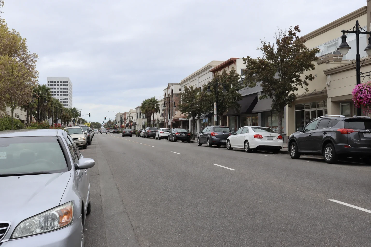 Wide downtown street lined with parked cars, two- and three-story shops, street trees, palms and lampposts under an overcast sky, with an office tower in the distance