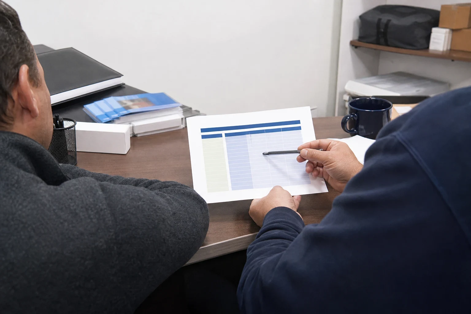 Over-the-shoulder view of two men at a back office desk, one pointing a pen at a printed table on a sheet of paper, with brochures, a mug and shelves nearby