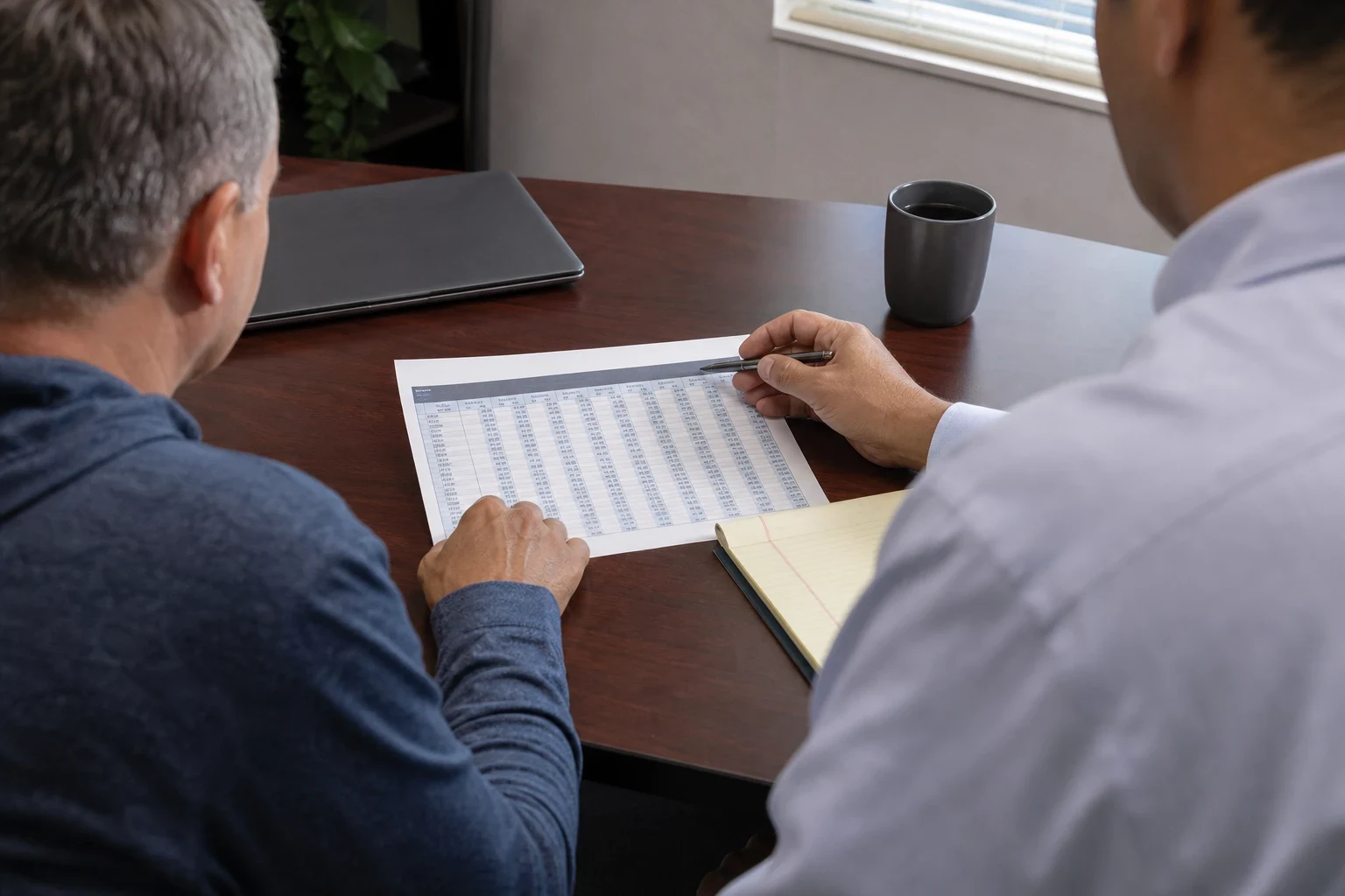 Over-the-shoulder view of an agent pointing a pen at a printed table of figures with a client at a dark wood desk, with a closed laptop, legal pad and coffee mug